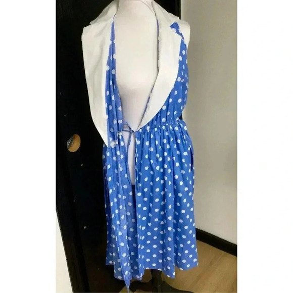 Vintage Komar Womens Blue White Polka Dot Sleeveless Tie Waist Wrap Dress Large - Picture 5 of 12